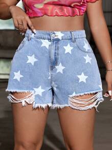 SHEIN EZwear Plus Size Loose Fit Denim Shorts With Frayed Hem, Distressed And Blue Star Print