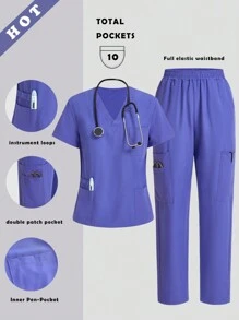 TaskEZ Solid Color Simple Daily  Uniform Scrub Set - Purple - View 8