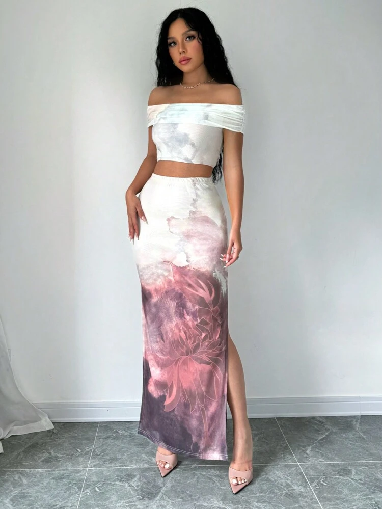 Ladies' Fashionable Mesh Printed Off-Shoulder Top And Skirt Set