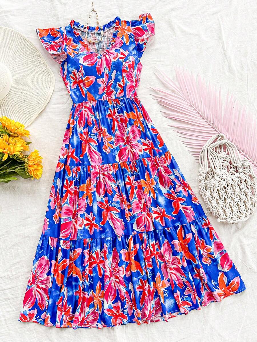 Soleia 女士度假夏季浪漫休闲复活节毕业季婚礼季返校季派对午餐花园下午茶装蓝色水彩花朵多色盖袖弹力长款宽松下摆连衣裙 - 彩色 - 查看 1