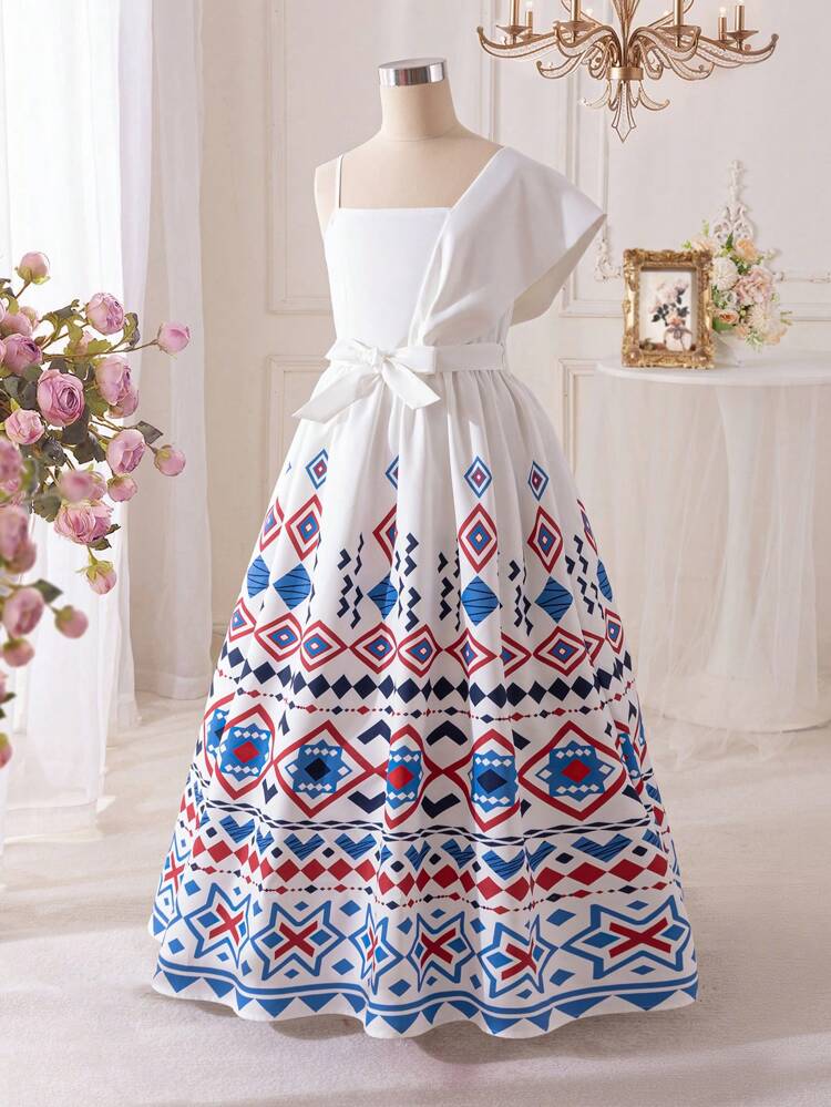 Tween Girl Cute Geometric Pattern Shoulder Patchwork Decorated Dress