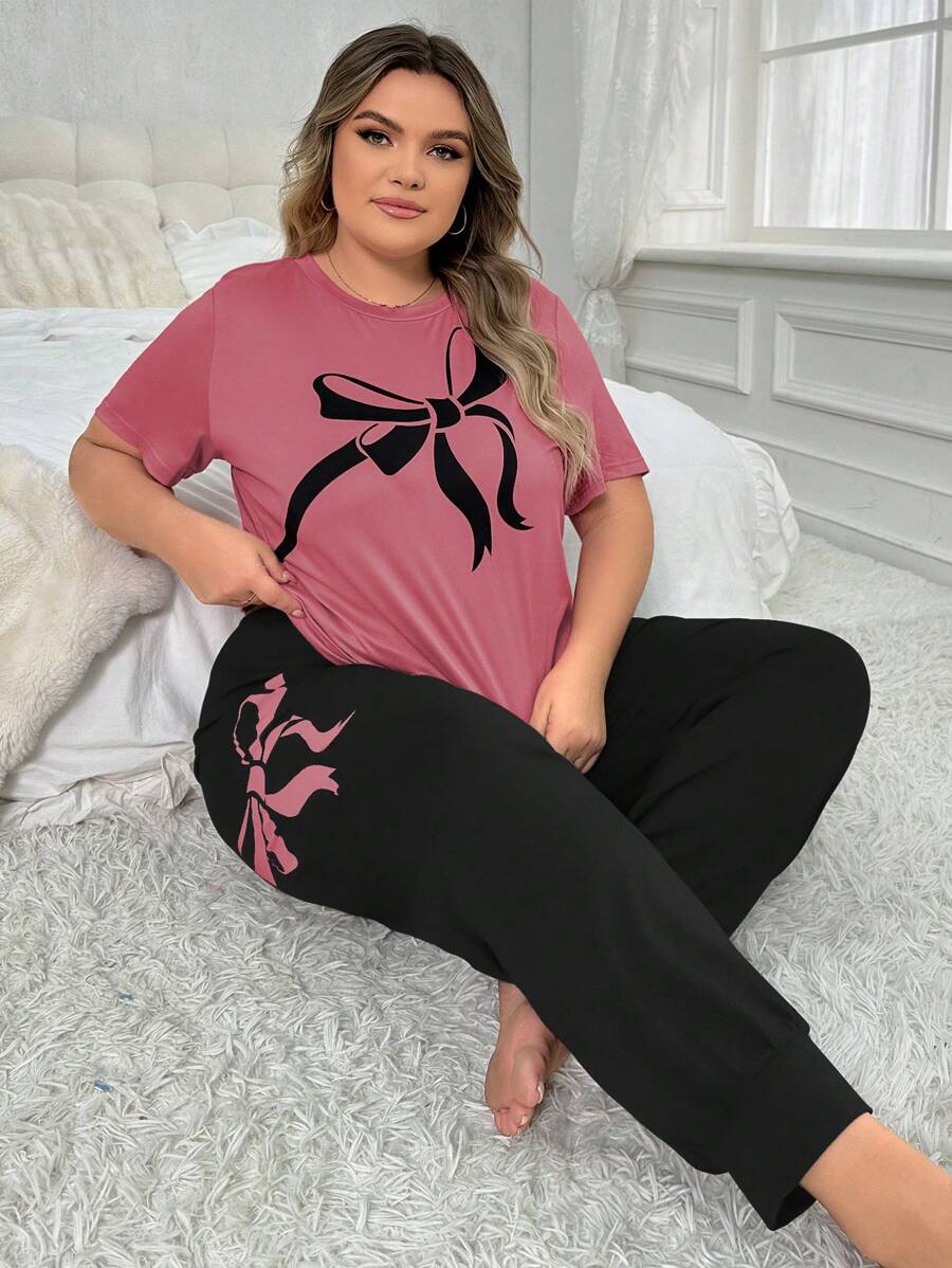 Conjunto de pijama de talla grande para mujer con camiseta de manga corta con cuello redondo y pantalones con lazos impresos, verano - Negro - Ver 1
