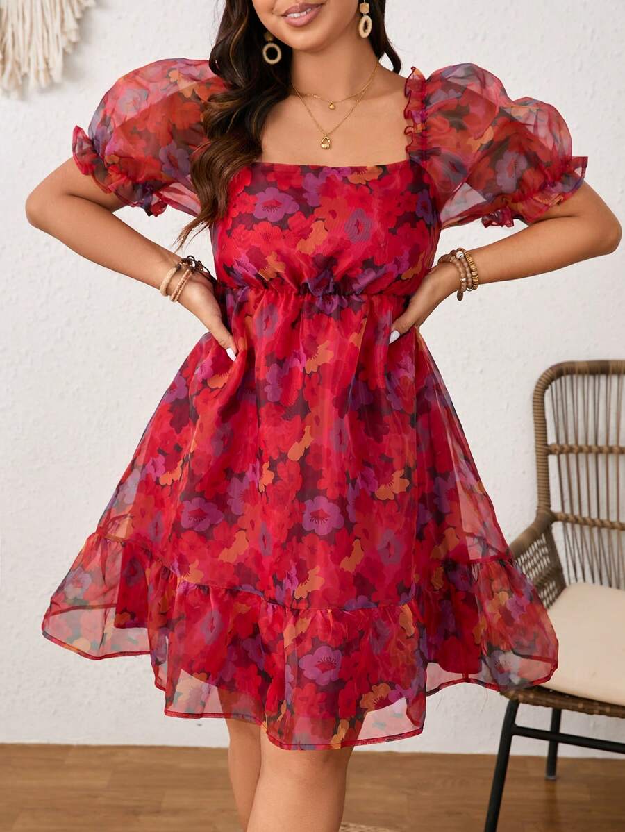 SHEIN Frenchy 大碼Bridgerton風格女裝隨機印花泡泡袖禮服洋裝，花卉洋裝派對裝 - 彩色 - 查看 1