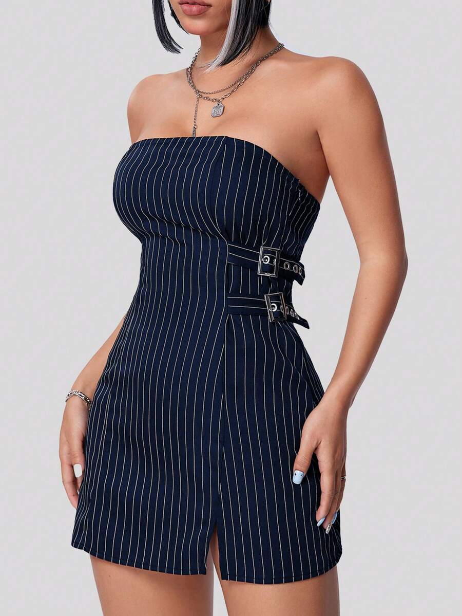 SHEIN EZwear 女士條紋印花簡約無肩帶連身裙，適合日常穿著 - 藏蓝色 - 查看 1