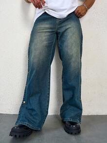 Men Casual Loose-Fitting Wide Leg Jeans With Side Button Fly And Washed Finish - Blue - View 4