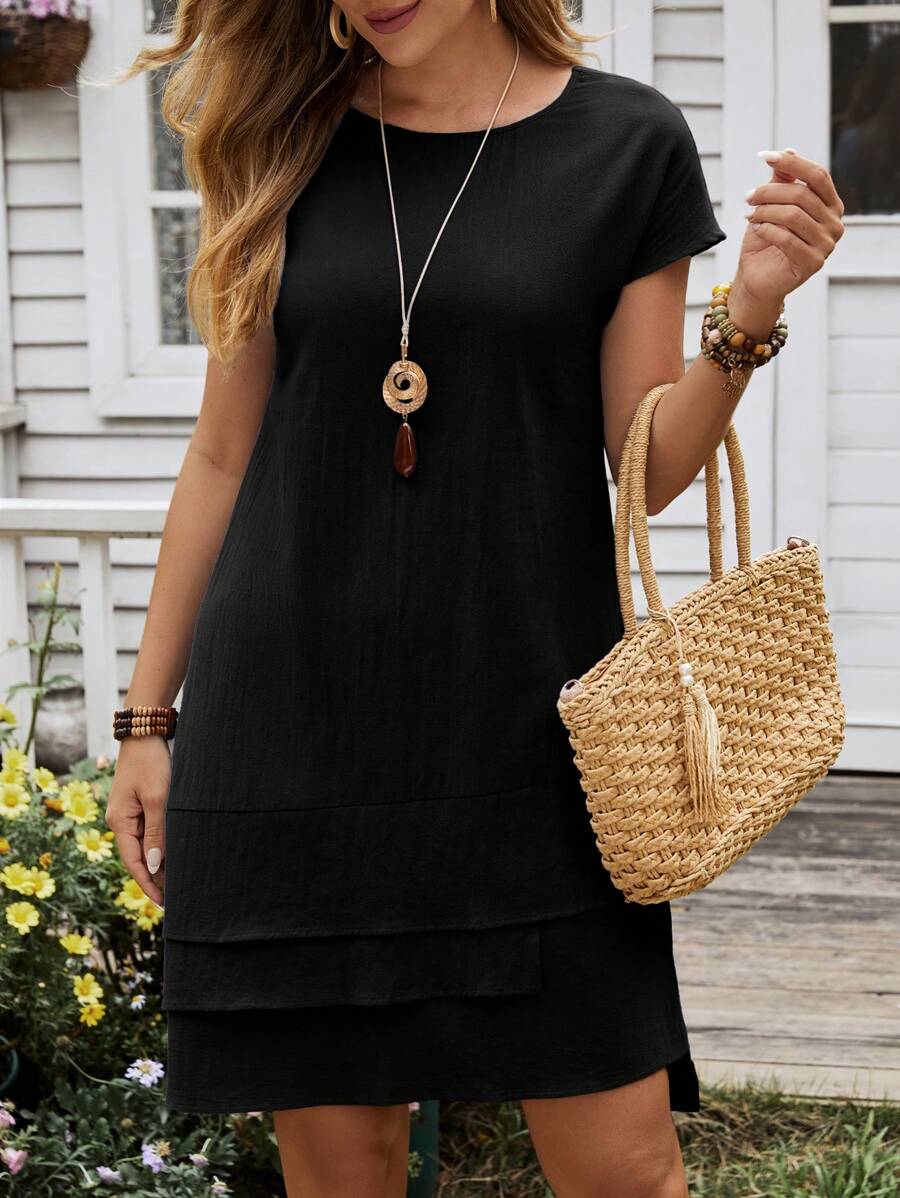 EMERY ROSE Women's Summer Multi-Hem Round Neck Short Sleeve Dress - Black - View 1