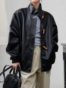 DAZY Button Front Patent Jacket - Black - View 7