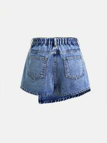 SHEIN Girlism Gonna gonnellino asimmetrica in denim lavato a pietra in stile boho per ragazze pre-adolescenti, set di pantaloncini estivi per ragazze