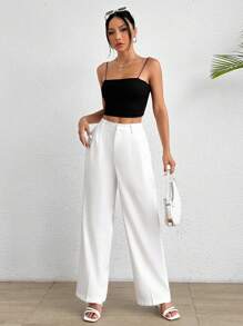 SHEIN PETITE Pantalones blancos sueltos plisados de unicolor para mujeres, mujeres de talla pequeña - Blanco - Ver 6