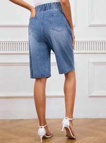 SHEIN Maternity Bermuda Casual Denim Shorts With Pockets - Medium Wash - View 2