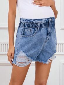 SHEIN Maternity Distressed Frayed Edge Casual Summer Denim Shorts - Light Wash - View 3