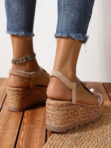 Women's Fashionable Weaved Elastic Band Slip-Resistant Holiday Style Summer Black High Heels Waterproof Platform Wedge Heels Thick Bottom Sandals For Outdoor Activities, Gold - Gold - View 6