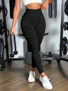 Powerista 女士时尚高腰无缝弹力运动紧身裤瑜伽裤 - 黑色 - 查看 4