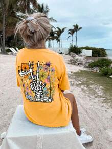 INAWLY Women's Summer Flower Skull With Hand Print Loose Casual T-Shirt With Drop Shoulder And Round Neck Graphic Tees Women Tops