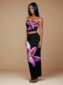 SHEIN BAE Vollständig bedrucktes Muster, 2 Stücke Set für Frauen im Sommer - Schwarz - Übersicht 4