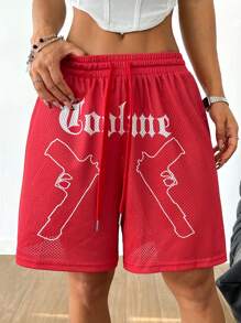 Muchica Pantalones cortos deportivos de malla transpirable con gráficos para mujer, para primavera/verano - Rojo - Ver 4