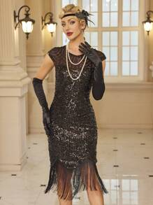 1920s Vintage Solid Color Round Neck Sequin Splice Sleeveless Women Party Cocktail Dress, Summer Elegant Prom Semi Formal Wedding Guest Dress, For Birthday, Graduation, Dinner, Homecoming - Black - View 1