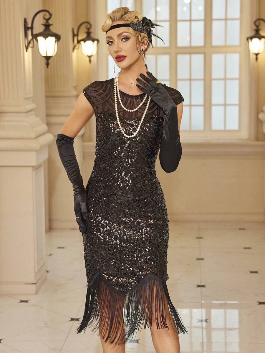 1920s Vintage Solid Color Round Neck Sequin Splice Sleeveless Women Party Cocktail Dress, Summer Elegant Prom Semi Formal Wedding Guest Dress, For Birthday, Graduation, Dinner, Homecoming - Black - View 1