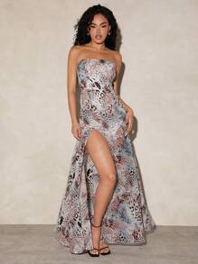 Hauture Sexy Leopard Print High Slit Strapless Dress - White - View 1