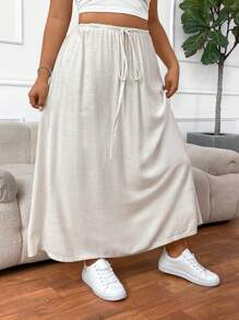 SHEIN EZwear Plus Size Casual Texture Wearing Rope Casual Skirt - Apricot - View 4