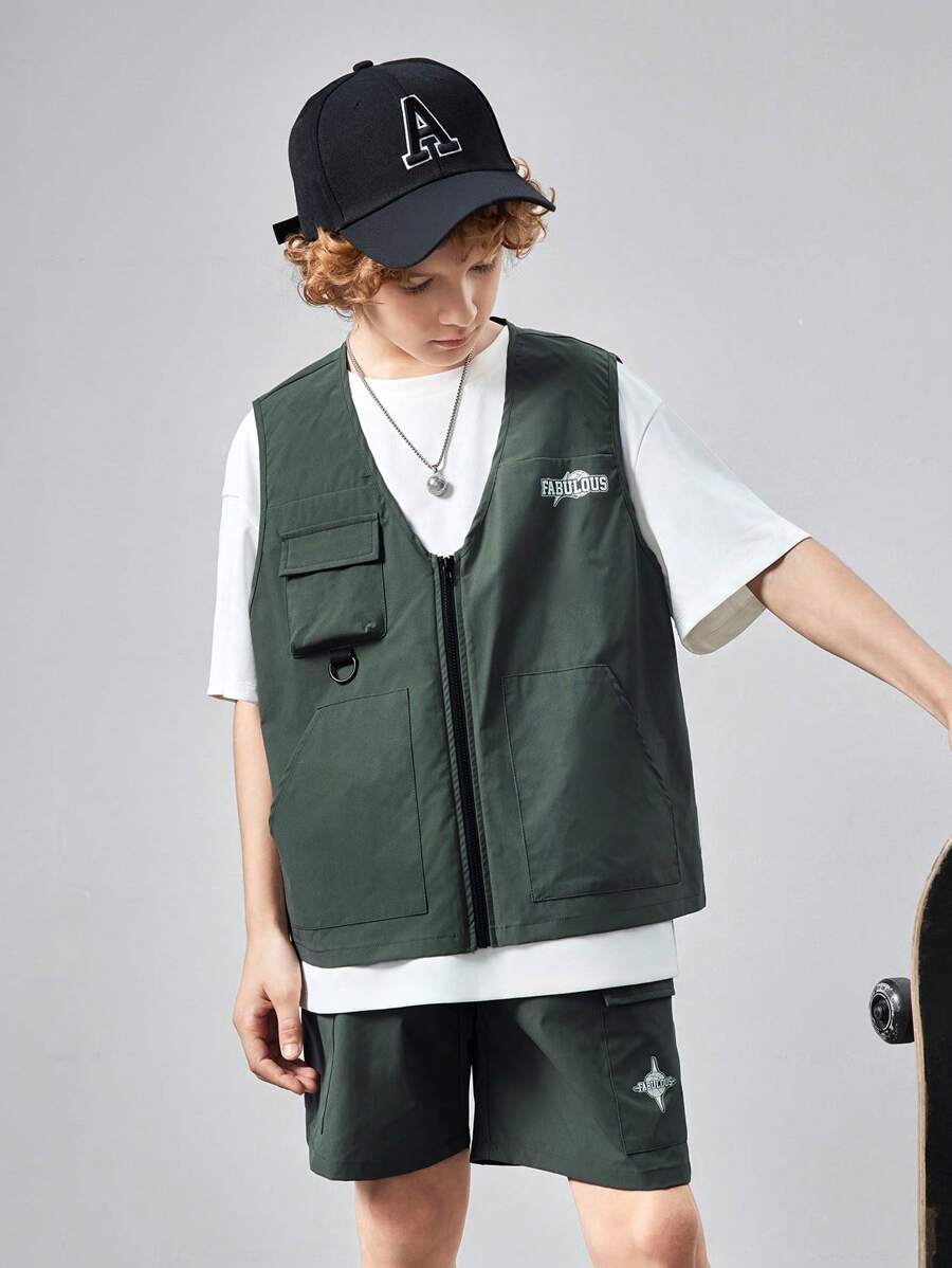 SHEIN 青少年男孩針織純色T卹,印花圖案,工作服背心和短褲,3入組休閒套裝 - 黑與白 - 查看 1