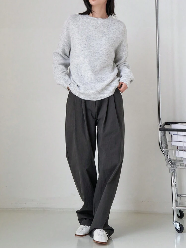 Solid Drop Shoulder Sweater,Long Sleeve Tops Old Money Style,Fall Clothes