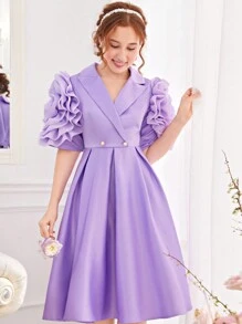 SHEIN Vestido de estilo traje morado para adolescente con solapa escalonada, mangas y detalles florales en 3D en cierre de doble botonadura, estilo elegante - Morado - Ver 3