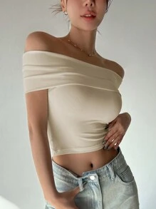 DAZY Women Summer Solid Color Off Shoulder Tight-Fitting T-Shirt, Going Out Top,Crop Tops Women - Apricot - View 5