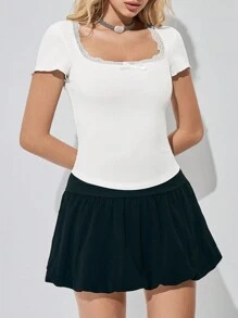 SHEIN Unity Women's Summer Solid Color Contrast Lace Slim Short Sleeve T-Shirt - White - View 5