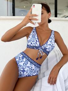 Women's Tropical Floral Printed Front Tie Sexy Bikini Set For Vacation, Bikini Set Summer Beach