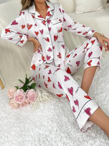 Women's Fashionable Heart Printed Long Sleeve Shirt And Long Pants Pajama Set - Baby Pink - View 1