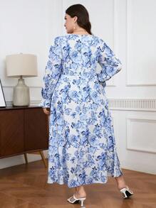 Modelyn 大尺碼女士優雅花卉印花V領長裙，擴張袖口，阿拉伯風格 - 彩色 - 查看 3