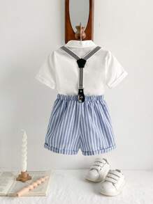 Cozy Pixies Baby Boy Anchor Pattern Lapel Short Sleeve Open Front Shirt & Blue/White Striped Overalls 2pcs/Set - Blue and White - View 2