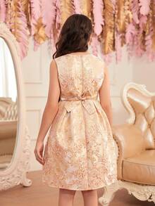 Vestido de princesa elegante para niña preadolescente con textura floral de tela veraniega - Albaricoque - Ver 2