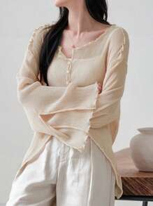 DAZY 女士商务休闲纹理雪纺衬衫，秋季女装长袖上衣 - 杏色 - 查看 8