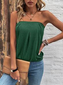 Chiquease Top sin tirantes de estilo simple y unicolor para mujer, ideal para uso diario - Verde Oscuro - Ver 3