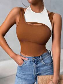 Calvaya Top de tanque sin espalda con tirantes de espagueti de bloque de color de moda para mujeres en verano