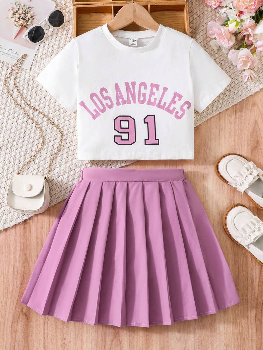 SHEIN Ensemble de 2 pièces Jupe unie à manches courtes imprimée pour fille préadolescente - Parme - Voir 1