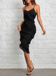 SHEIN PETITE Black Dress Party Dress For Women Date Evening Dress Solid Color Ruffle Asymmetric Hem Slip Dress