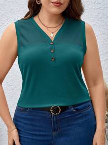 SHEIN LUNE Plus Size Solid Color V-Neck Summer Casual Tank Top - Dark Green - View 3