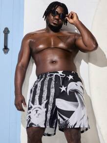 Manfinity Pantaloni corti da spiaggia casuali da vacanza con stampa a righe in clash di colore a stelle e aquila per gli uomini di taglia più