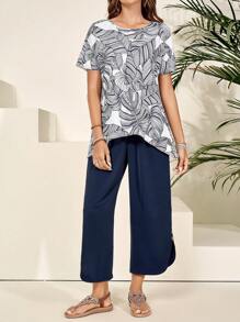 EMERY ROSE Summer Casual Rural Vacation Asymmetrical Short Sleeve Women's 2pcs Set, Versatile - Multicolor - View 7