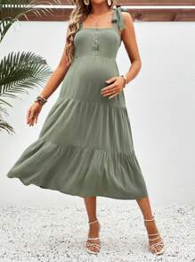 SHEIN Maternity Solid Color Resort Style Nursing Cami Dress - Army Green - View 5