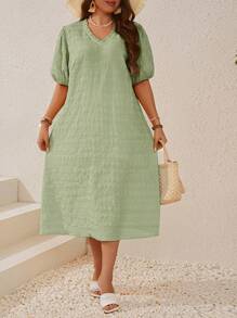 EMERY ROSE 夏季大碼女裝紋理褶邊V領泡泡袖黃色連衣裙 - 薄荷綠 - 查看 1