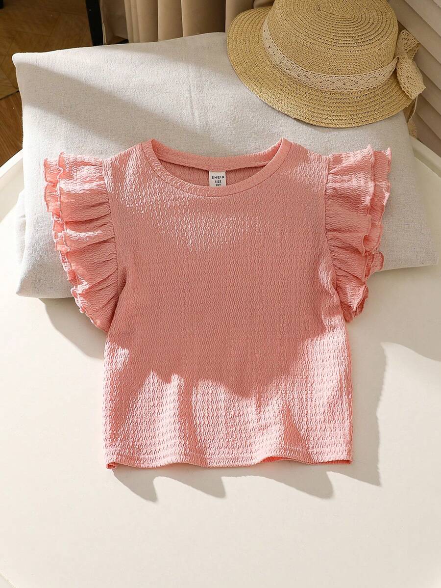 SHEIN Tween Girl Knitted Round Neck Cap Sleeve Top For Summer Daily Casual Outings - Pink - View 1