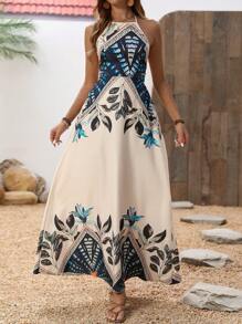 Breezaya Ladies' Sleeveless Backless Print Halterneck Dress For Summer Maxi Vacation Beach Outfits Women