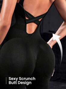Powerista One Piece Criss Cross Backless Sports Jumpsuit Full - Black - View 3