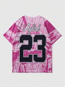 ROMWE MEN Street Life Kaos Kasual Musim Semi/Panas Pria Lengan Pendek Motif Huruf S Warna Pink, Cocok untuk Pakaian Sehari-hari di Musim Semi dan Musim Panas, Sekolah, Gaya 2000-an - Berwarna merah muda - View 2