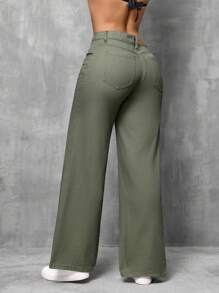 SHEIN SXY 女式寬鬆直筒口袋休閒牛仔褲 - 軍綠色 - 查看 3