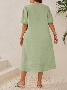 EMERY ROSE 夏季大碼女裝紋理褶邊V領泡泡袖黃色連衣裙 - 薄荷綠 - 查看 2